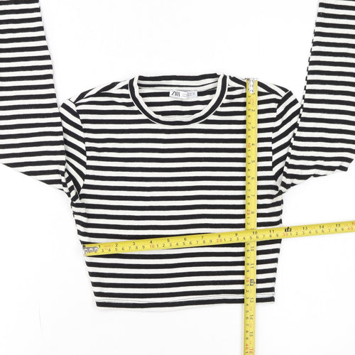 Zara Women Black Striped Cropped Long Sleeve T-Shirt Size S