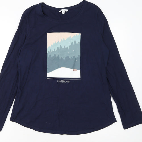 Reitmans Women’s Blue Long Sleeve Cotton Winter Print T-Shirt Size S