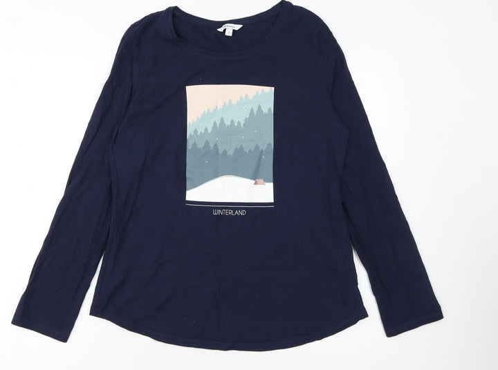 Reitmans Women’s Blue Long Sleeve Cotton Winter Print T-Shirt Size S