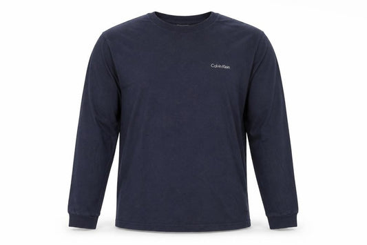 Front view of Calvin Klein Men's Navy Long Sleeve Crew Neck Cotton T-Shirt, size L