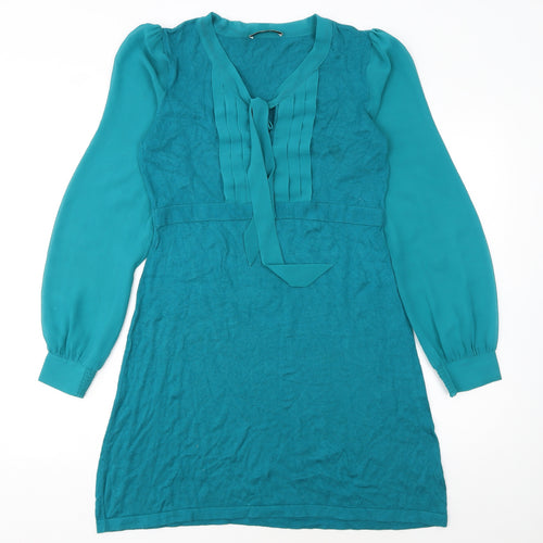 Oasis Women’s Green Long Sleeve Shift Dress Size L Pleated Tie Neck