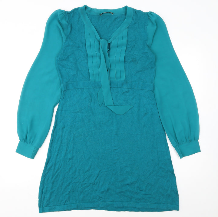 Oasis Women’s Green Long Sleeve Shift Dress Size L Pleated Tie Neck