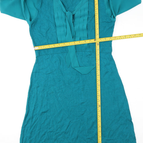 Oasis Women’s Green Long Sleeve Shift Dress Size L Pleated Tie Neck