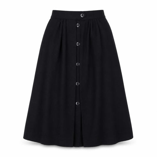 Front view of Stirling Cooper Women’s Black Wool A-Line Midi Skirt, size S, Vintage