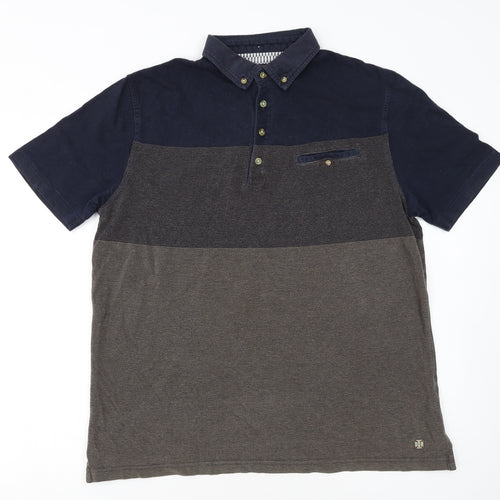 White Stuff Men's Blue Colourblock Cotton Polo Shirt Medium