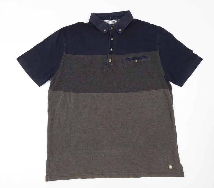 White Stuff Men's Blue Colourblock Cotton Polo Shirt Medium
