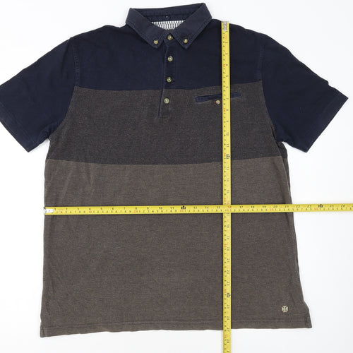 White Stuff Men's Blue Colourblock Cotton Polo Shirt Medium