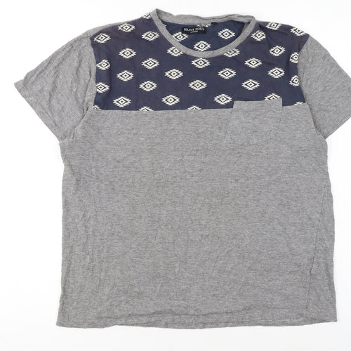 Brave Soul Men's Grey Aztec Panel Crew Neck T-Shirt Size M Regular Fit