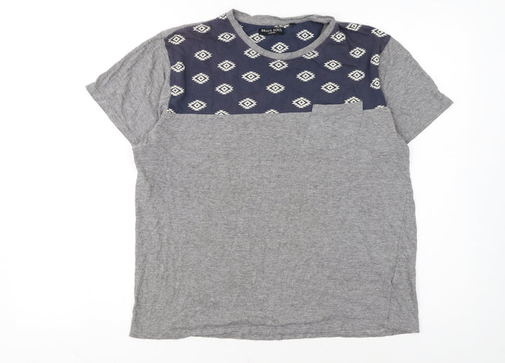Brave Soul Men's Grey Aztec Panel Crew Neck T-Shirt Size M Regular Fit