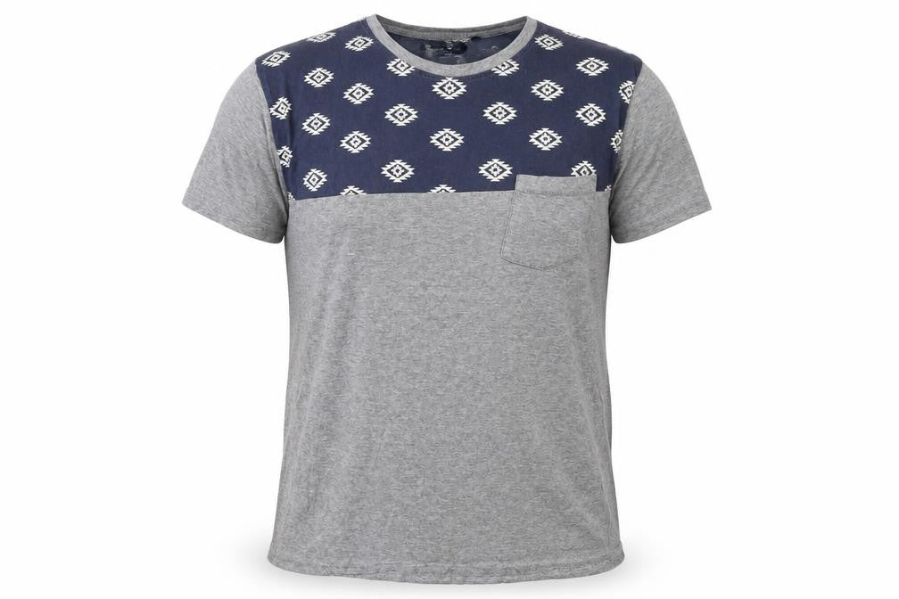 Front view of Brave Soul Men's Grey Aztec Panel Crew Neck T-Shirt, size M, Regular Fit