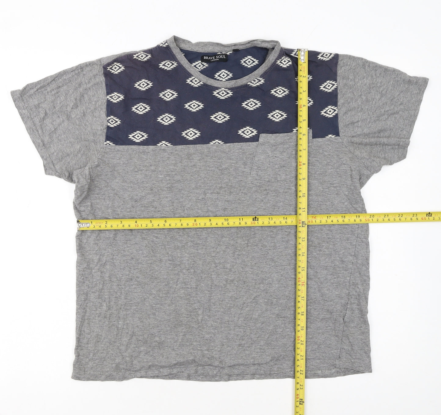 Brave Soul Men's Grey Aztec Panel Crew Neck T-Shirt Size M Regular Fit