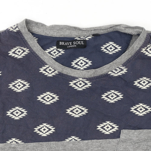 Brave Soul Men's Grey Aztec Panel Crew Neck T-Shirt Size M Regular Fit