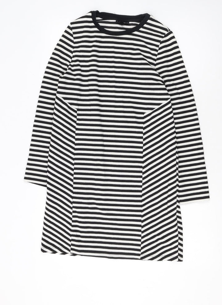 Topshop Women’s Black White Stripe Shift Dress Size 10 Knit Long Sleeve