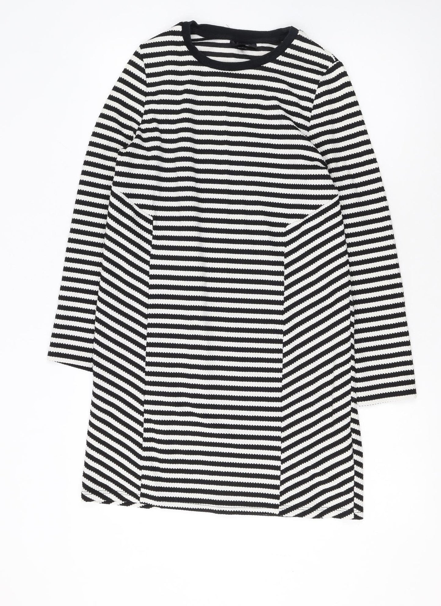 Topshop Women’s Black White Stripe Shift Dress Size 10 Knit Long Sleeve