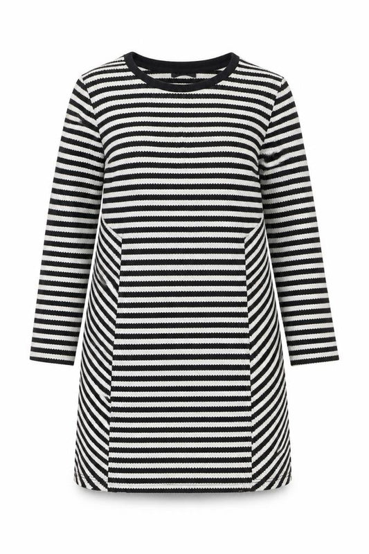 Front view of Topshop Women’s Black White Stripe Shift Dress, size UK 10, Knit Long Sleeve