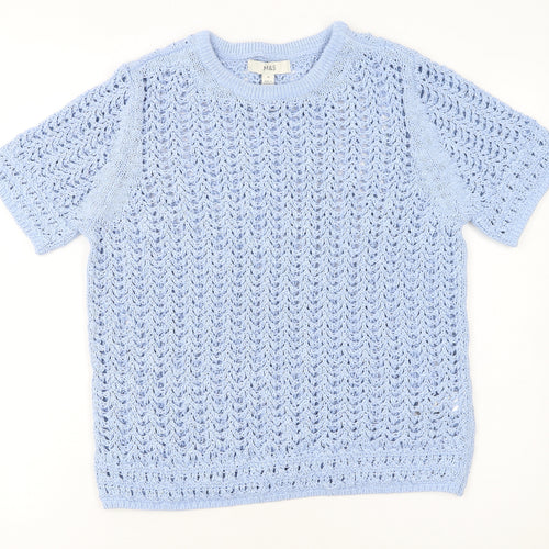Marks and Spencer Women Blue Knit Cotton Short Sleeve Pullover Jumper M