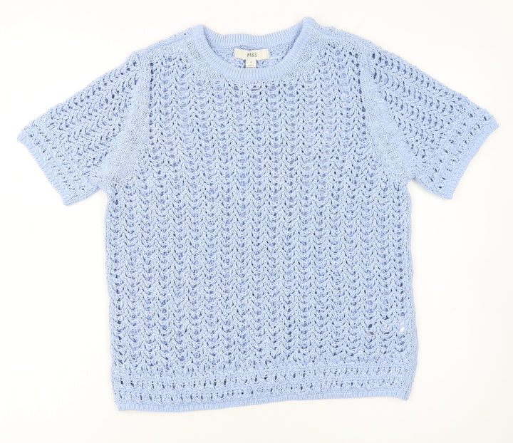 Marks and Spencer Women Blue Knit Cotton Short Sleeve Pullover Jumper M