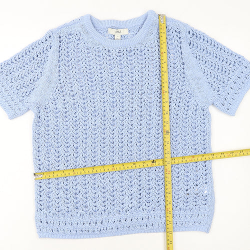 Marks and Spencer Women Blue Knit Cotton Short Sleeve Pullover Jumper M
