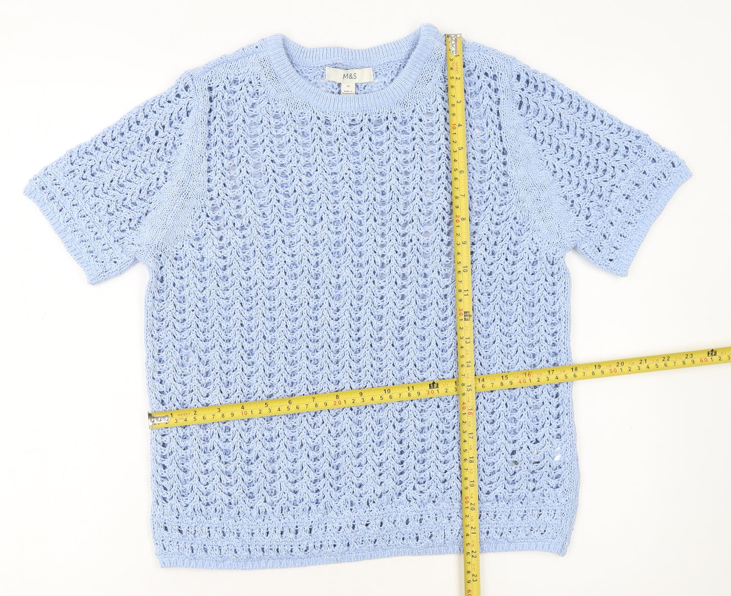 Marks and Spencer Women Blue Knit Cotton Short Sleeve Pullover Jumper M
