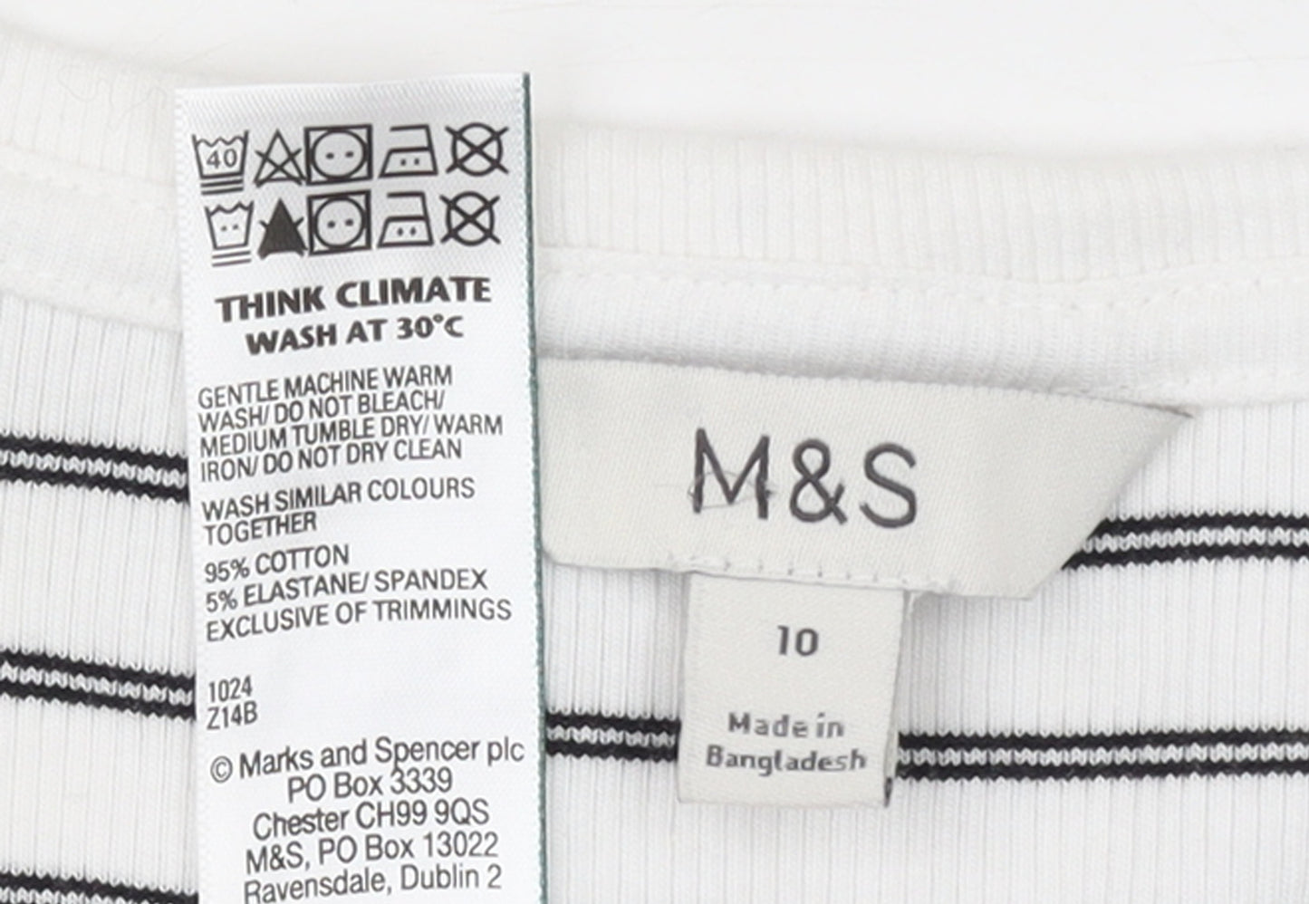 Marks and Spencer Women’s White Striped Cotton T-Shirt Size 10