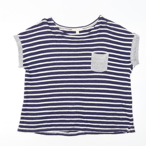 White Stuff Women's Blue Striped Linen T-Shirt UK 16 Short Sleeve
