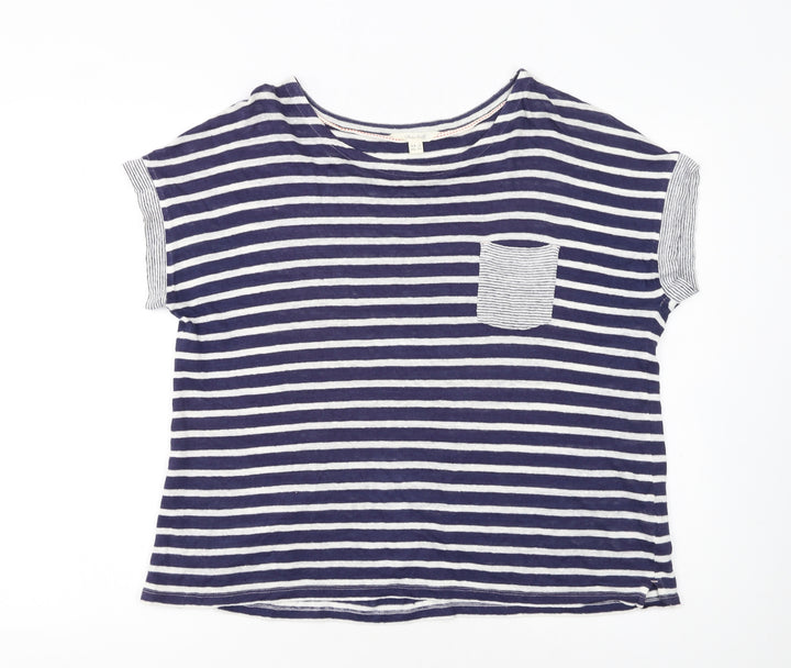 White Stuff Women's Blue Striped Linen T-Shirt UK 16 Short Sleeve