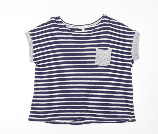 White Stuff Women's Blue Striped Linen T-Shirt UK 16 Short Sleeve