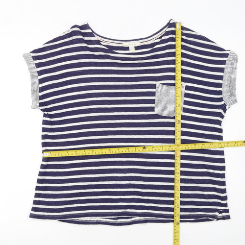 White Stuff Women's Blue Striped Linen T-Shirt UK 16 Short Sleeve