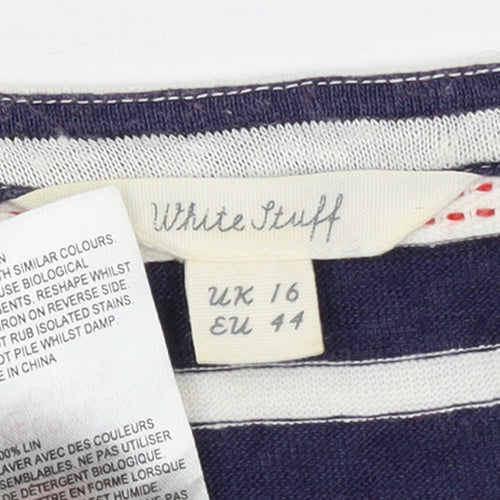 White Stuff Women's Blue Striped Linen T-Shirt UK 16 Short Sleeve