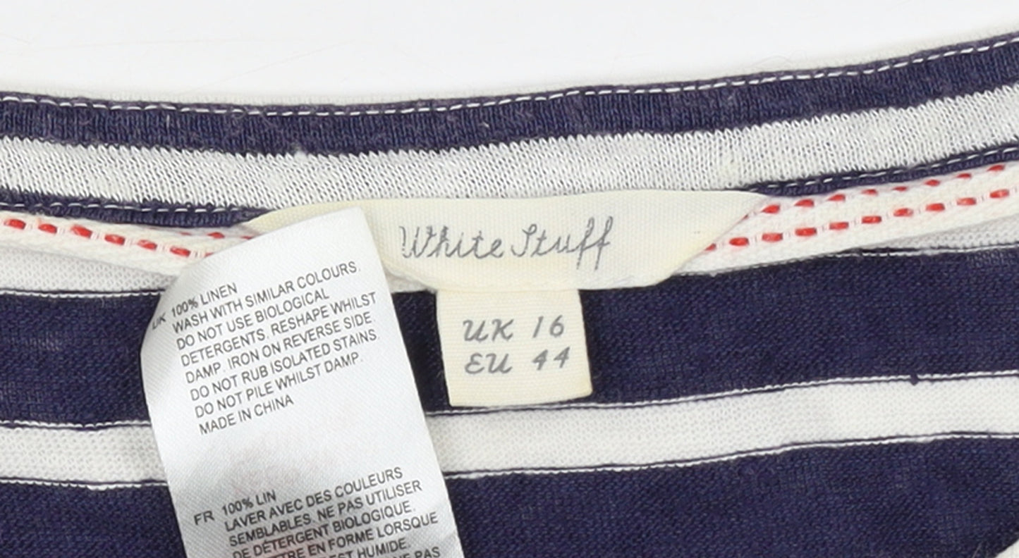 White Stuff Women's Blue Striped Linen T-Shirt UK 16 Short Sleeve