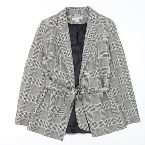 H&M Women Grey Check Belted Blazer Jacket Size 6 Regular Fit