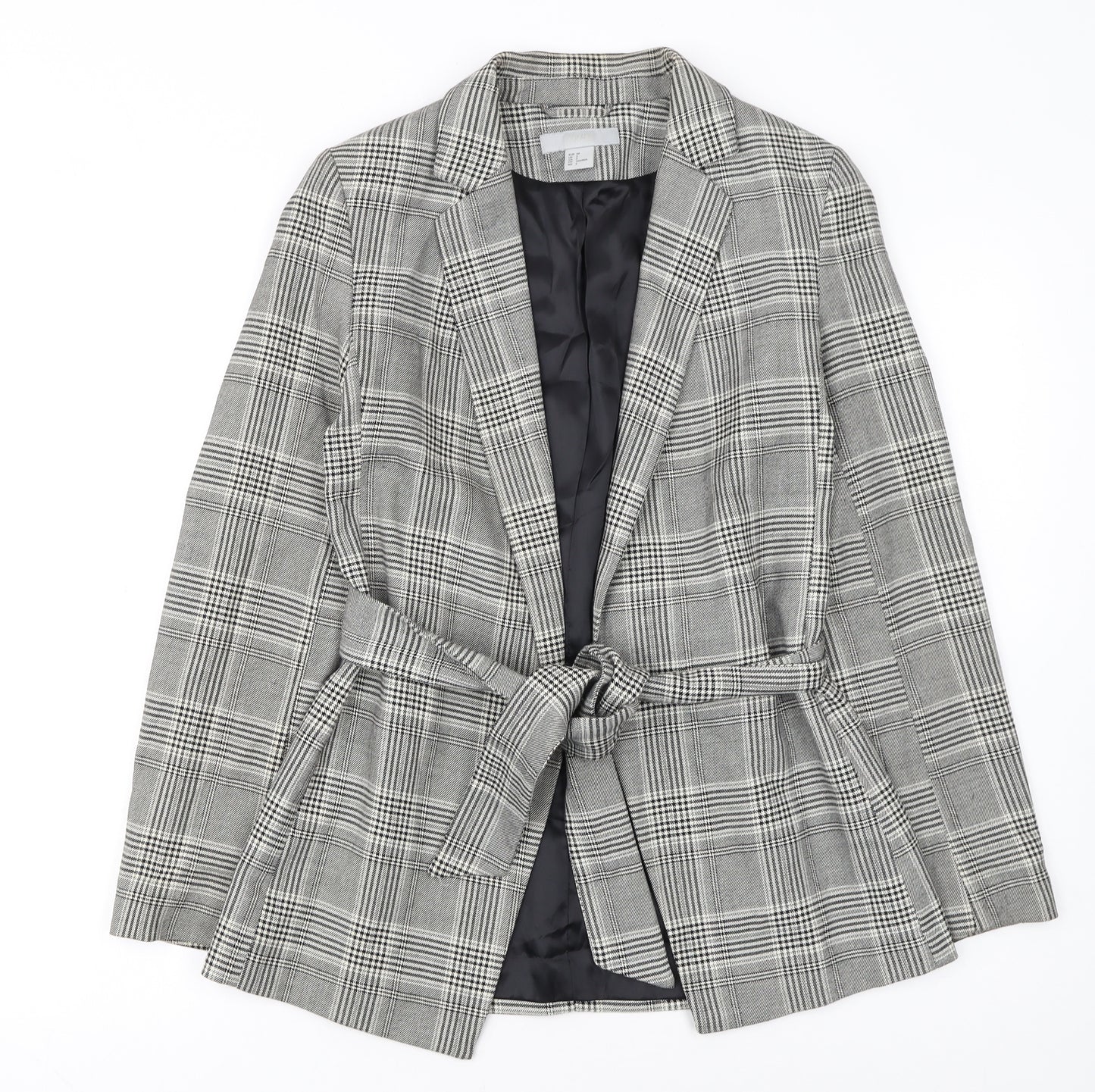 H&M Women Grey Check Belted Blazer Jacket Size 6 Regular Fit
