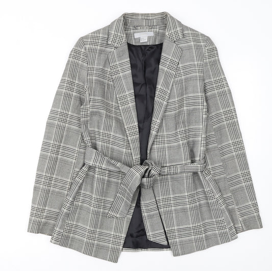 H&M Women Grey Check Belted Blazer Jacket Size 6 Regular Fit