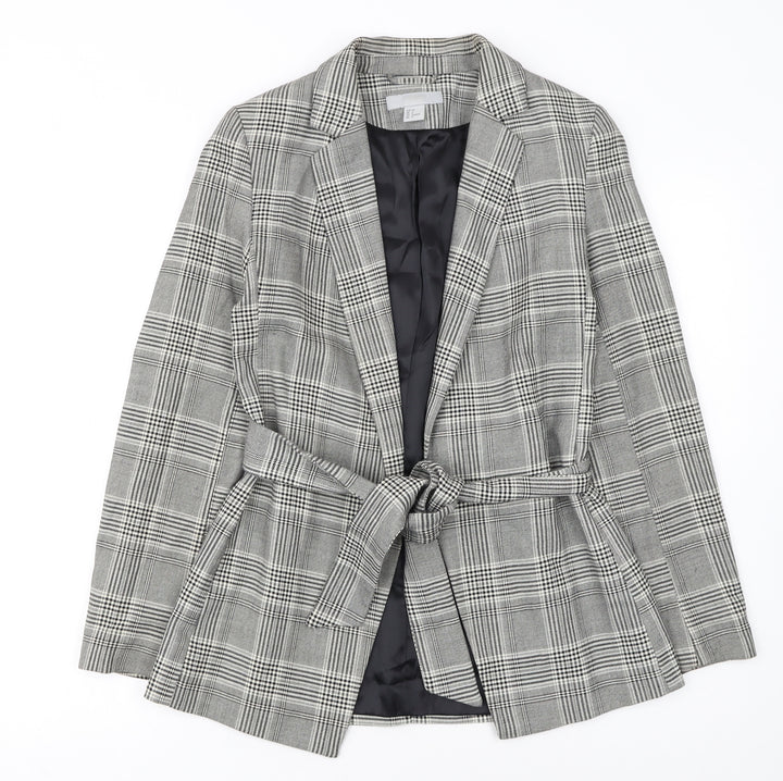 H&M Women Grey Check Belted Blazer Jacket Size 6 Regular Fit