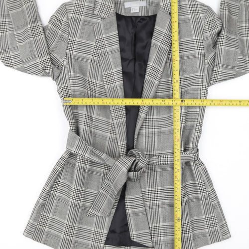 H&M Women Grey Check Belted Blazer Jacket Size 6 Regular Fit