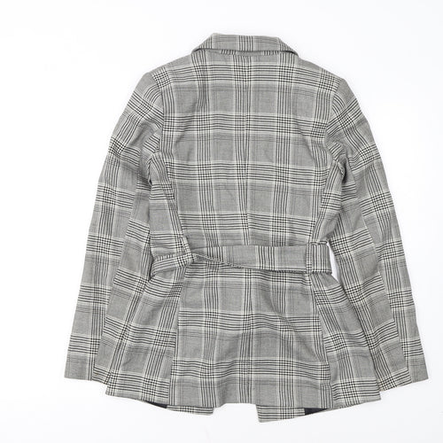 H&M Women Grey Check Belted Blazer Jacket Size 6 Regular Fit