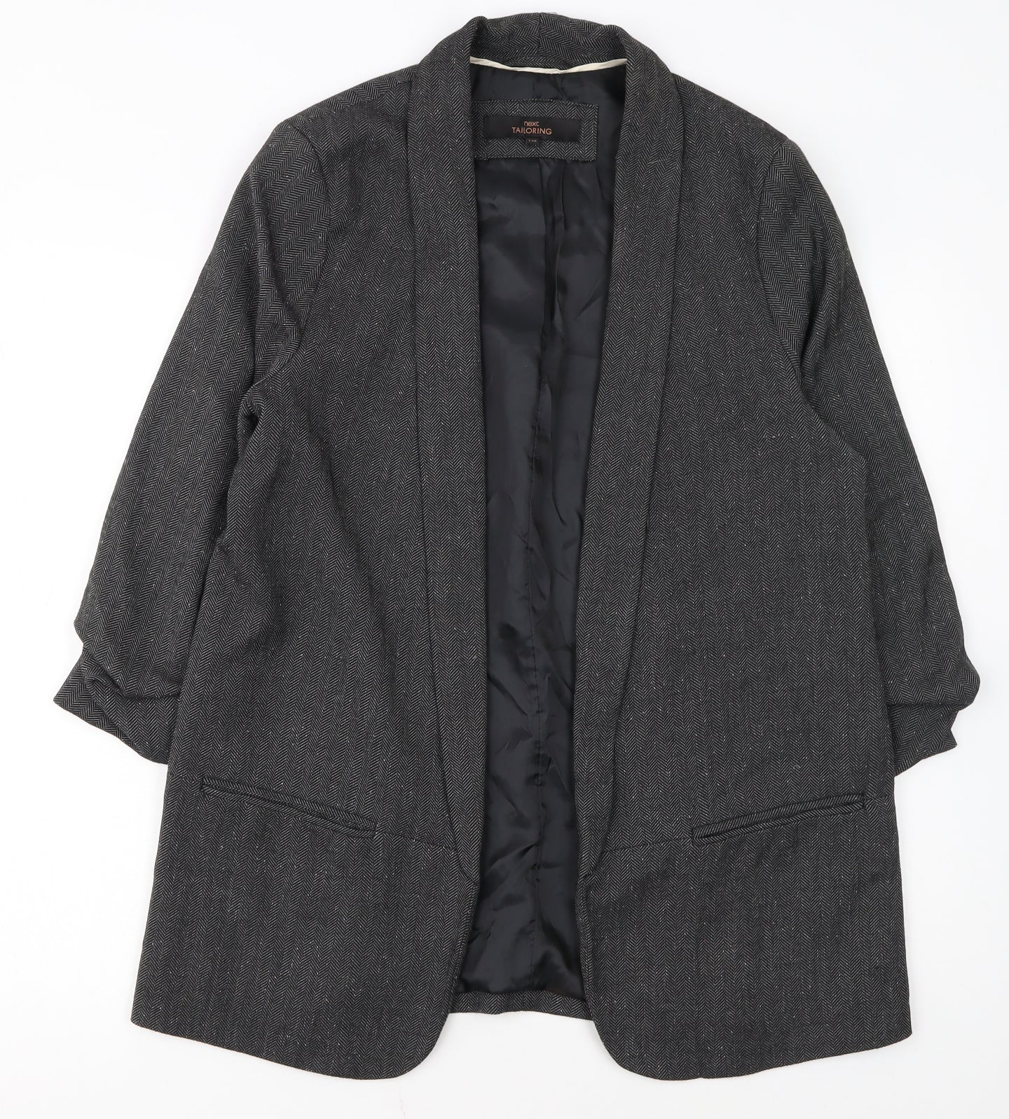 Next Women Grey Herringbone Shawl Collar Long Blazer Size 14