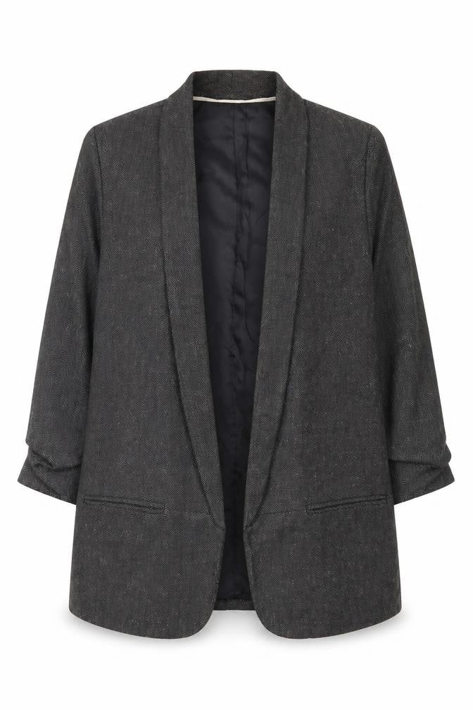 Front view of Next Women Grey Herringbone Shawl Collar Long Blazer, size 14