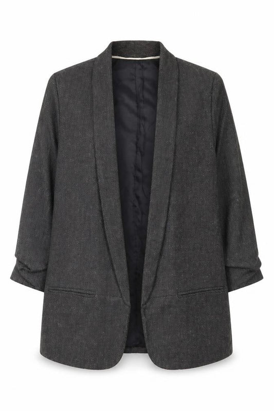 Front view of Next Women Grey Herringbone Shawl Collar Long Blazer, size 14