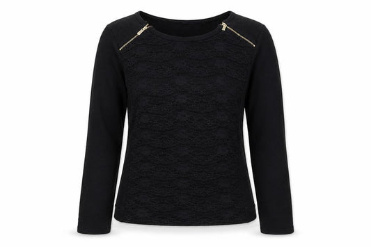 Front view of Morgan Women Black Lace Panel Pullover Sweatshirt, size S