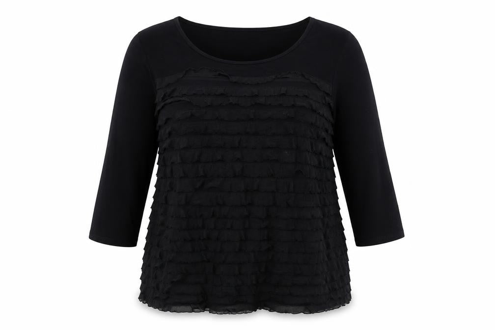 Front view of Soon Women Black 3/4 Sleeve Ruffle Tunic Top, size 18