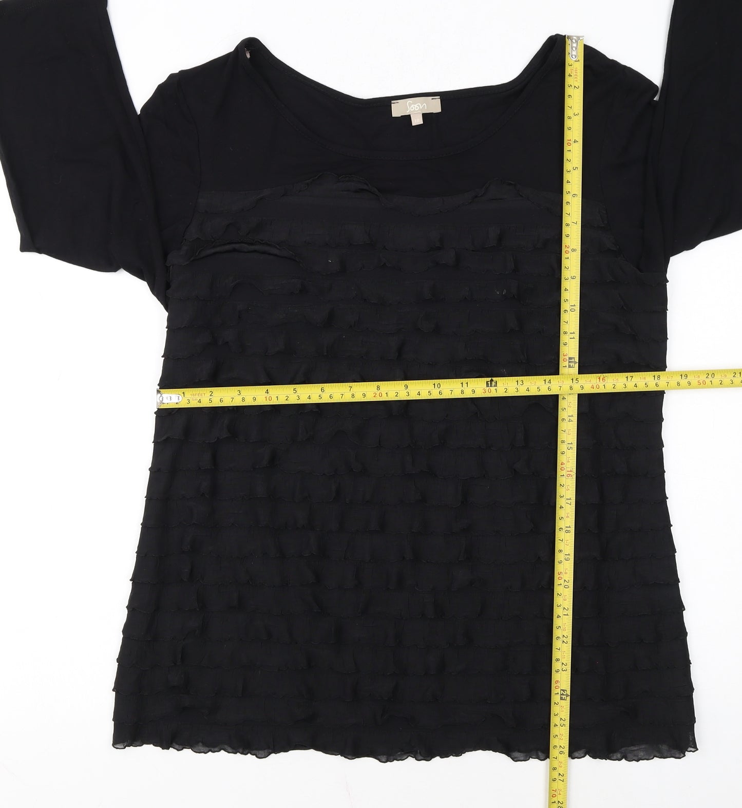 Soon Women Black 3/4 Sleeve Ruffle Tunic Top Size 18