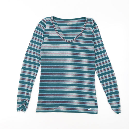 Hollister Women Blue Striped Long Sleeve V-Neck Slim Fit Top L