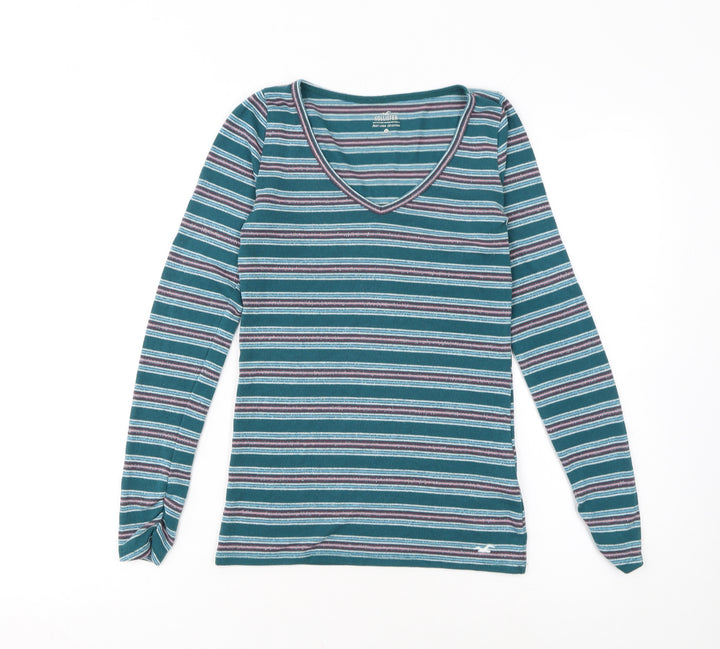 Hollister Women Blue Striped Long Sleeve V-Neck Slim Fit Top L