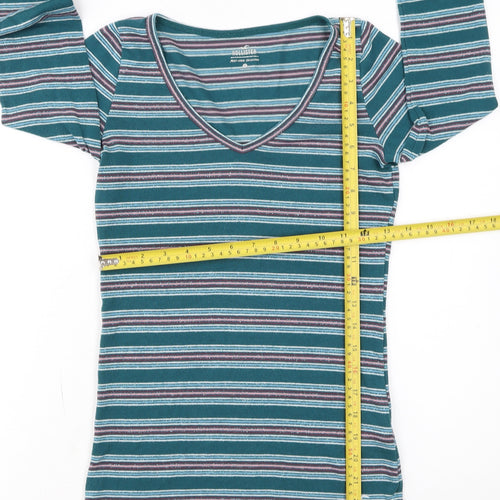 Hollister Women Blue Striped Long Sleeve V-Neck Slim Fit Top L
