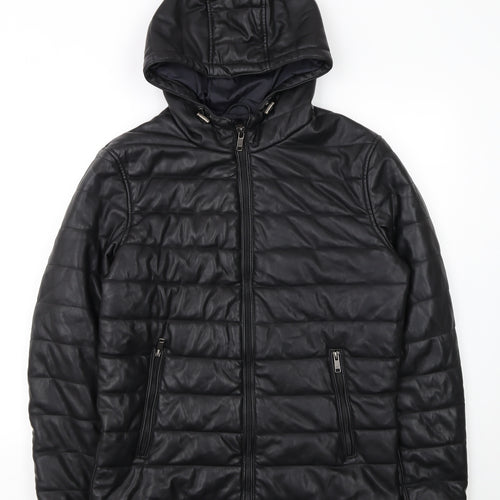 Zara Man Black Faux Leather Hooded Puffer Jacket Men L 42in