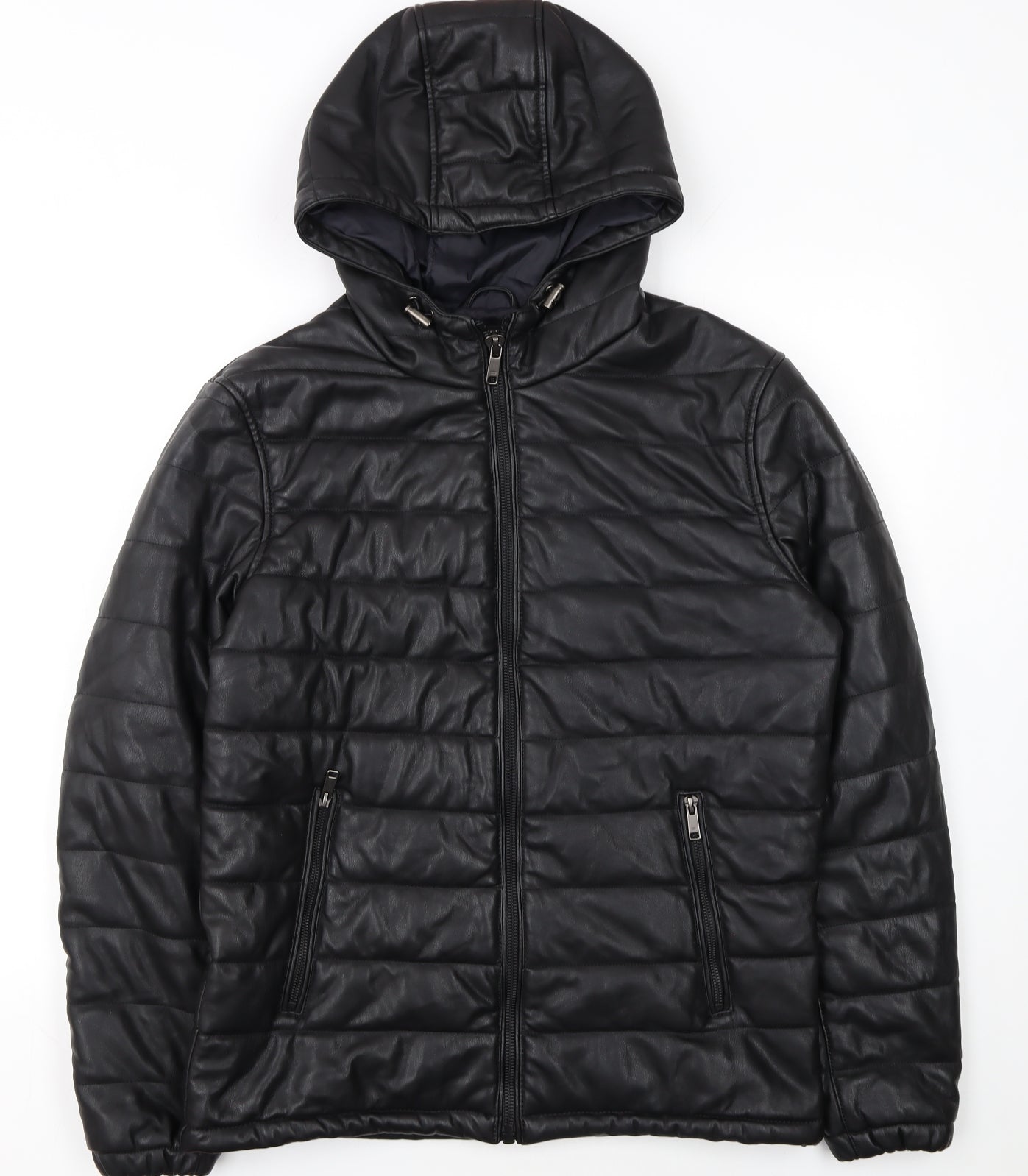 Zara Man Black Faux Leather Hooded Puffer Jacket Men L 42in