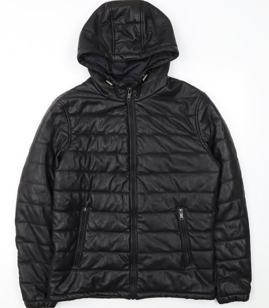 Zara Man Black Faux Leather Hooded Puffer Jacket Men L 42in