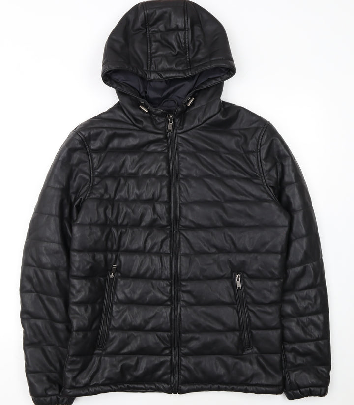 Zara Man Black Faux Leather Hooded Puffer Jacket Men L 42in