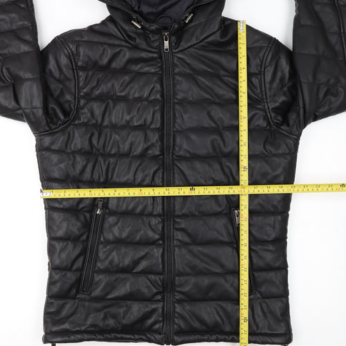 Zara Man Black Faux Leather Hooded Puffer Jacket Men L 42in